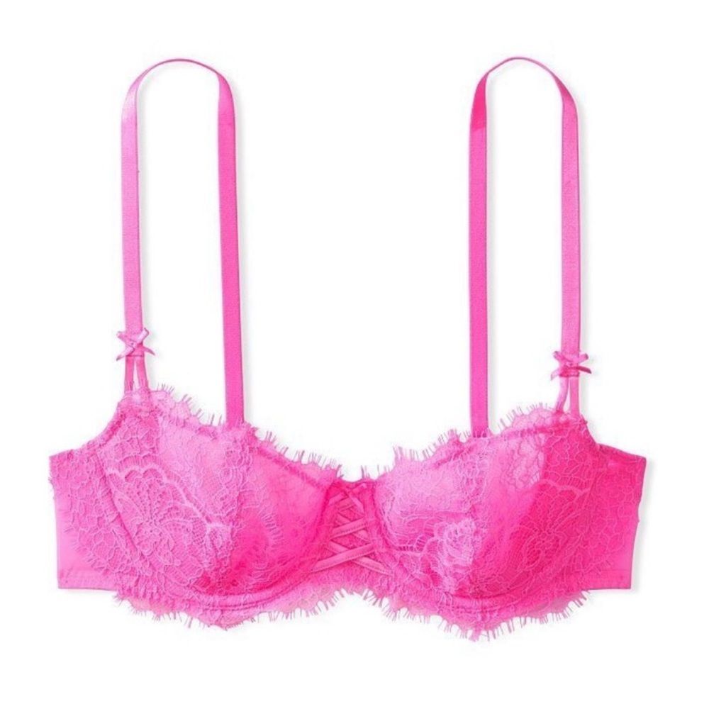 New Victoria's Secret Neon Bright Pink Lace Dream Angels Bra Size 32D - Picture 3 of 3